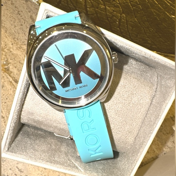 Michael Kors Janelle Watch Silver MK Logo Dial Aqua Blue Sili… NIB - Picture 6 of 13